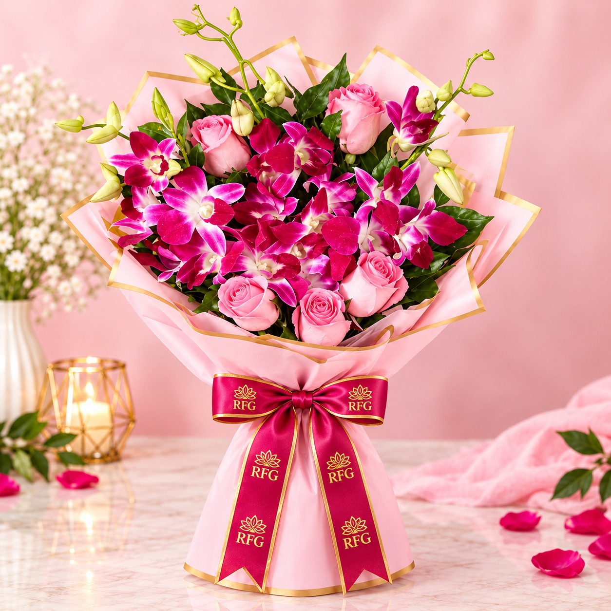 purple orchid pink rose